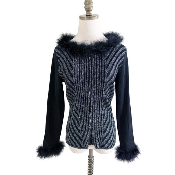 Vintage Y2K Black/Metallic Silver Zip Up Cardigan with Feather Accent Sz Medium - Picture 8 of 8